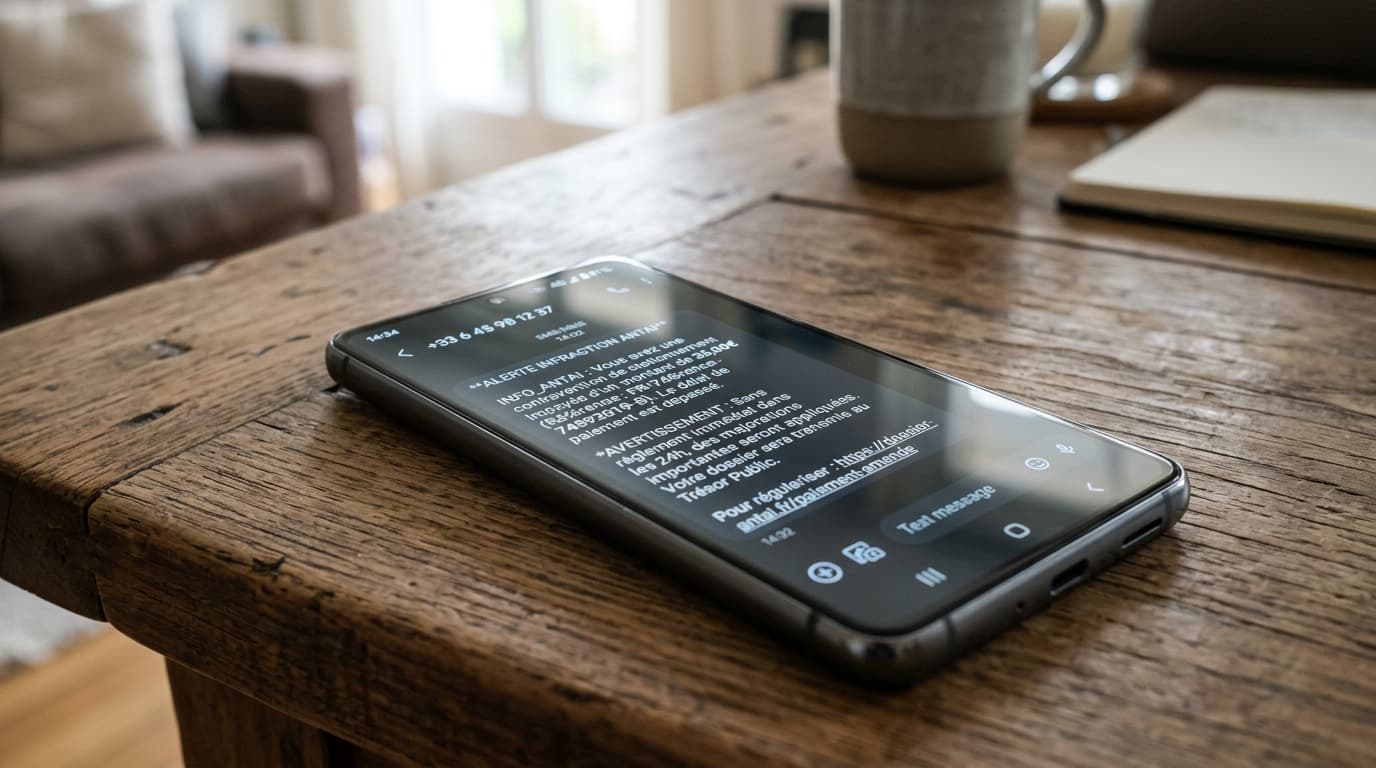 Capture d'écran smartphone d'un faux SMS d'amende ANTAI pour infraction routière